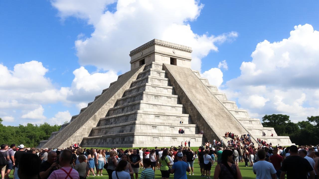 Heavy visitor crowds near El Castillo during midday