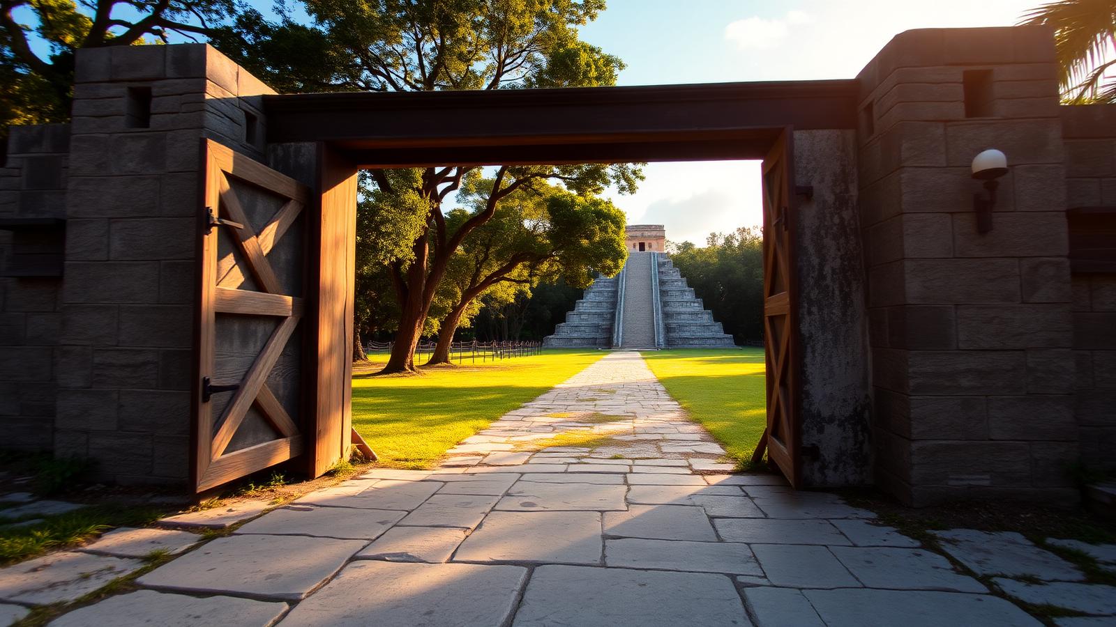 Chichen Itza archaeological zone entrance gate open at 8 AM with El Castillo pyramid in distance
