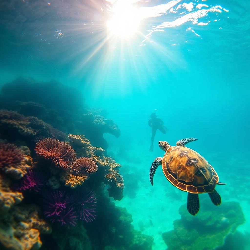Snorkeler and sea turtle above vibrant coral at Palancar Reef Cozumel Mexico
