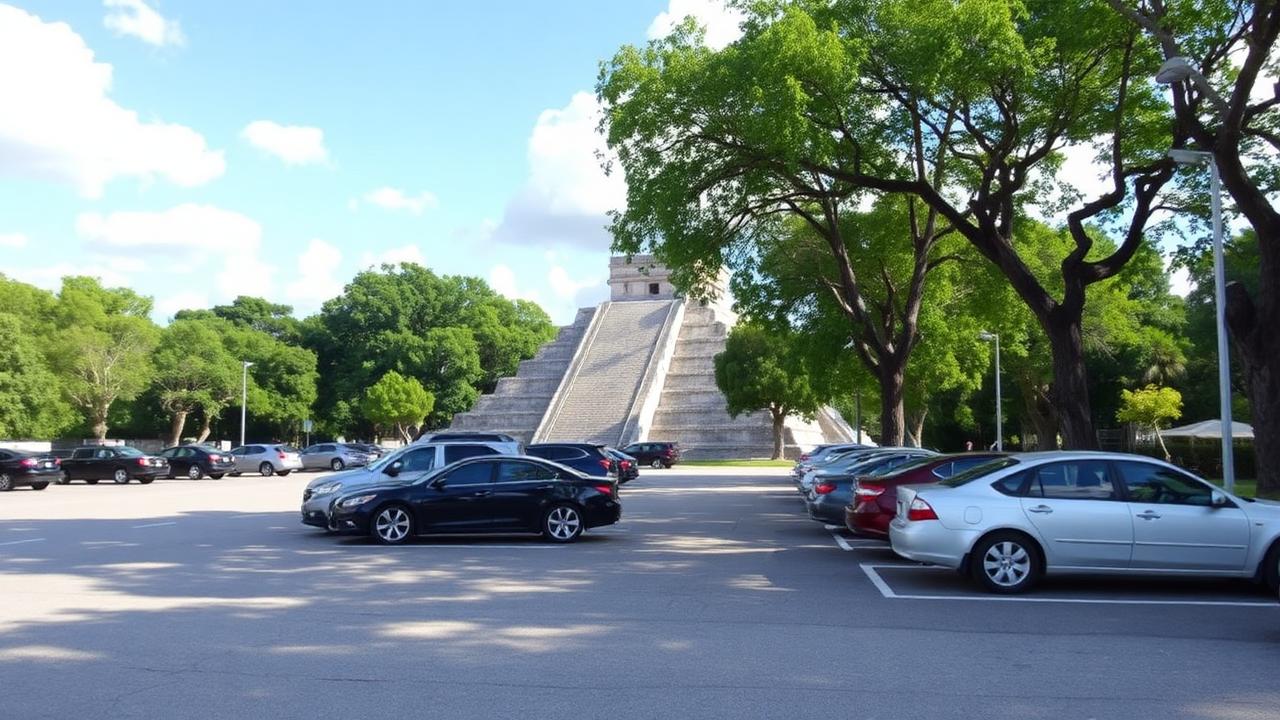 Área de estacionamiento cerca de la entrada de Chichén Itzá