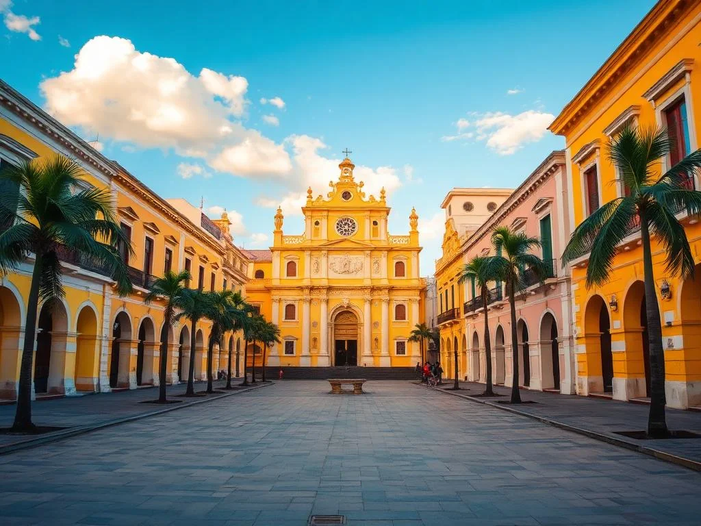 Catedral colonial amarilla en la Plaza Grande de Merida, Yucatan, ciudad de recogida para un tour a Chichen Itza desde Merida