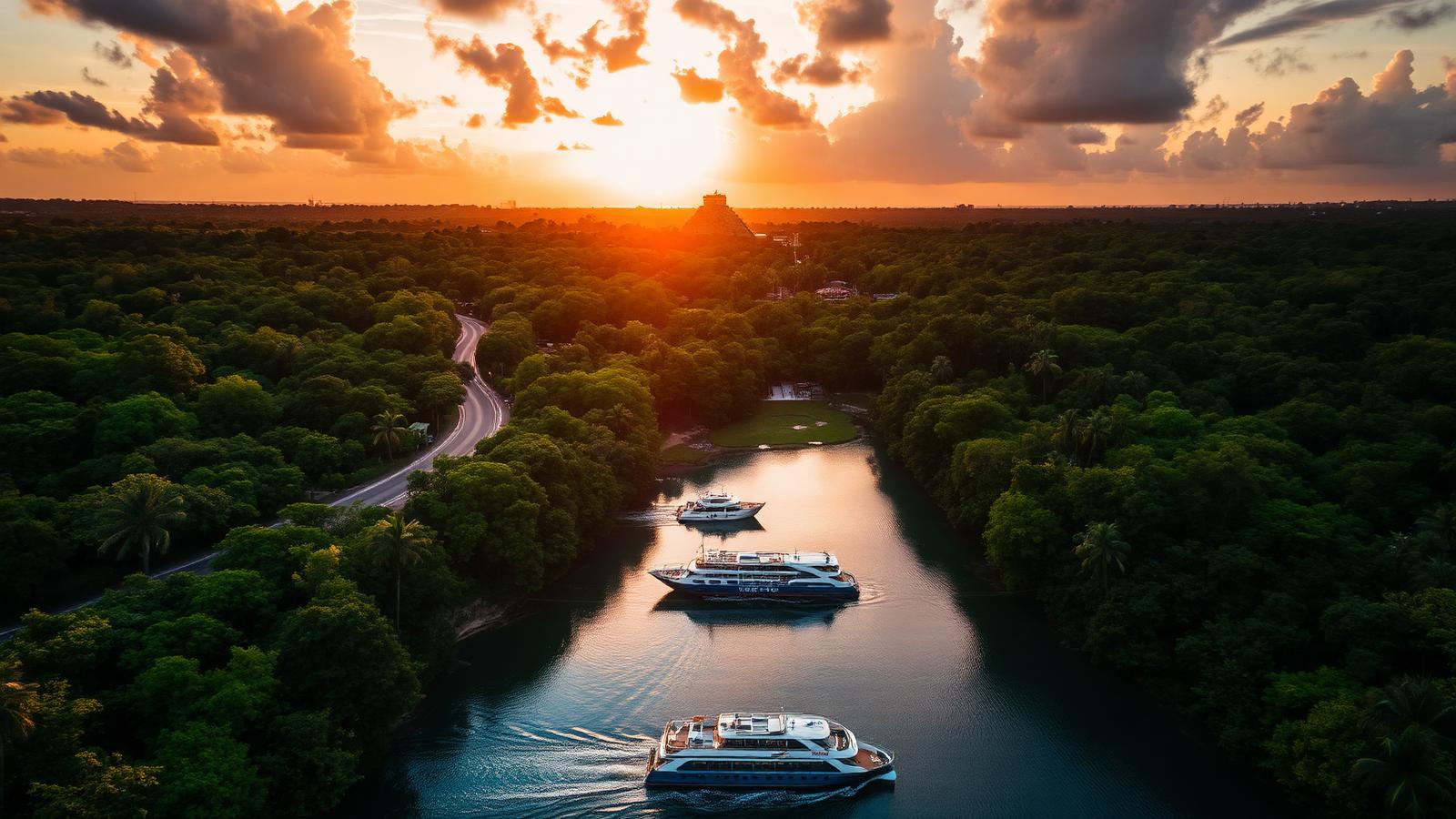Aerial golden-hour view of Riviera Maya jungle highway with a Mayan pyramid on the horizon, a turquoise cenote, and a ferry crossing Caribbean waters, illustrating day trips from Playa del Carmen