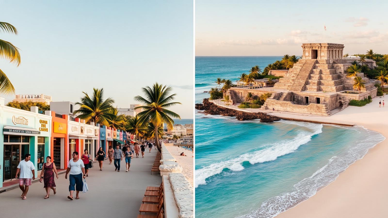 Split-composition photograph comparing Playa del Carmen's Quinta Avenida pedestrian street on the left with Tulum's cliff-top Mayan ruins overlooking a turquoise Caribbean beach on the right