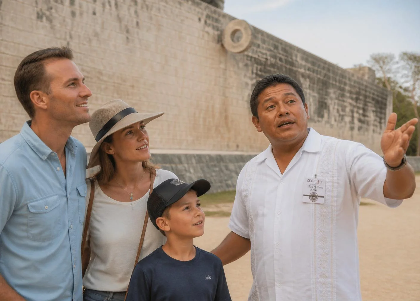 Guía maya certificado en un tour privado a Chichen Itza explicando El Castillo a una familia