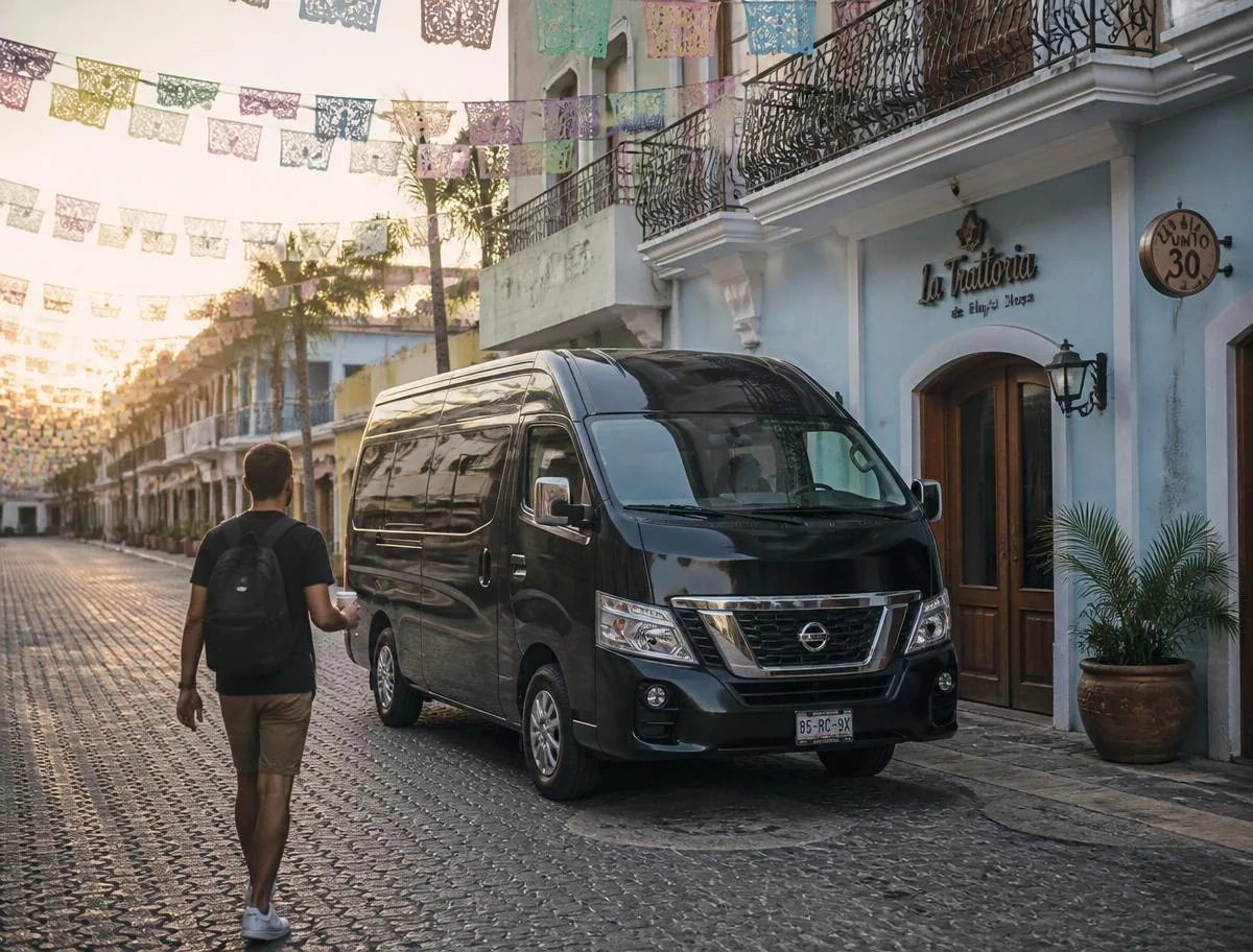 Van privada en la Quinta Avenida de Playa del Carmen para un tour privado a Chichen Itza con Itza Quest