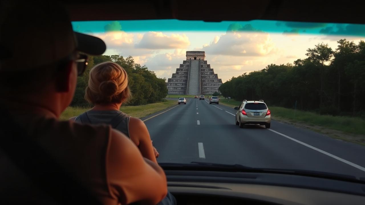 Travelers returning from Chichen Itza after a full day trip