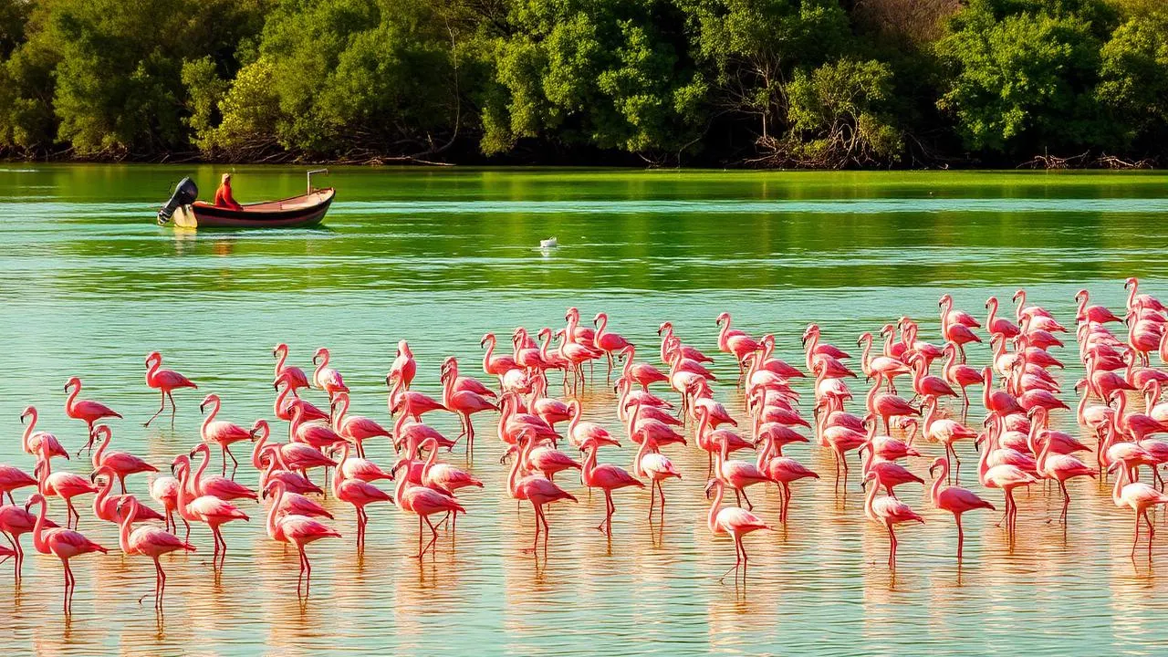Flock of pink flamingos wading in the shallow turquoise lagoon of Rio Lagartos with mangroves and a small boat behind