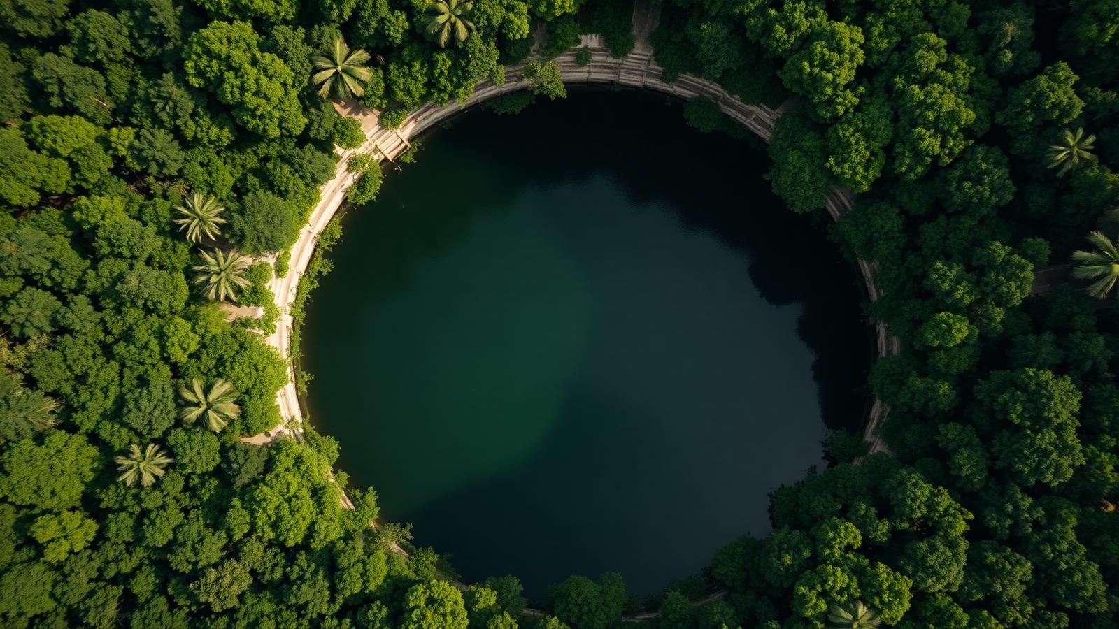 Aerial view of the Sacred Cenote at Chichén Itzá surrounded by Yucatán jungle, sacrificial well of the Maya