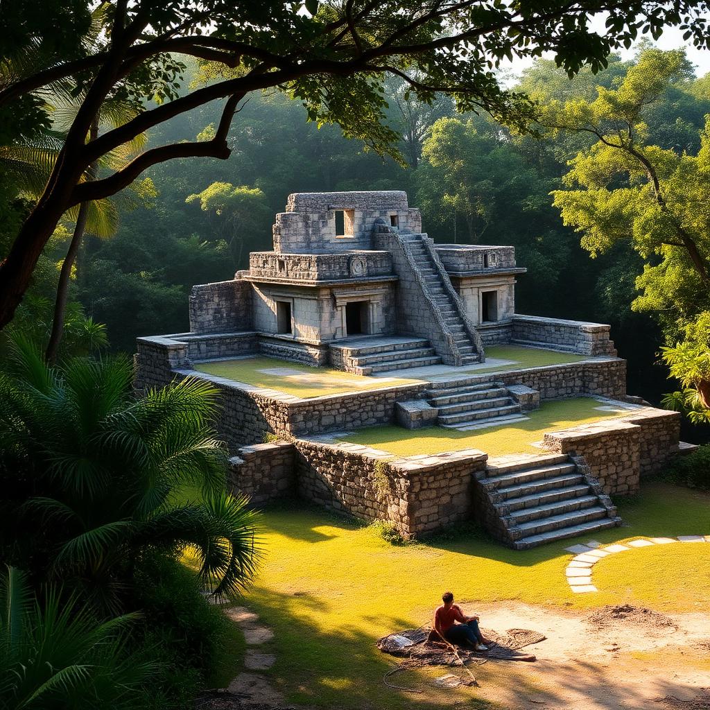 San Gervasio Mayan ruins limestone temple in Cozumel jungle at sunrise