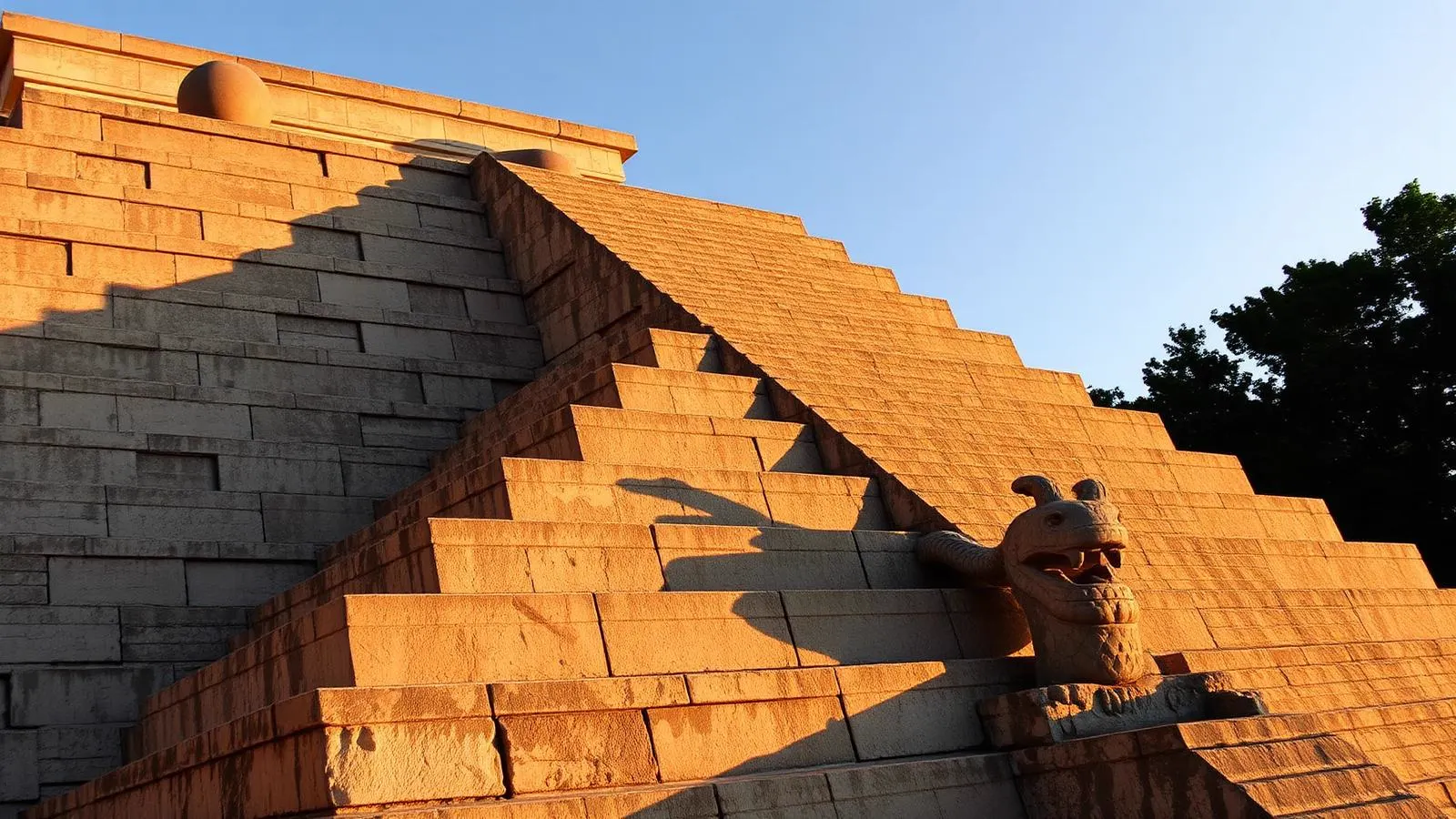 Triangles of light and shadow forming the equinox serpent along the northern staircase of El Castillo at Chichen Itza