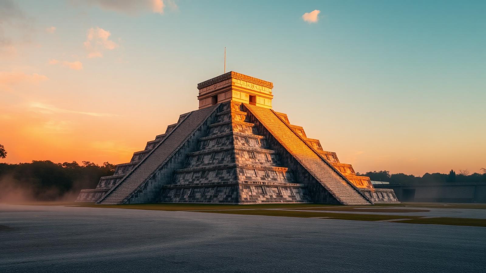 El Castillo pyramid at Chichen Itza in golden sunrise light with empty plaza on the Chichen Itza early access tour by Itza Quest