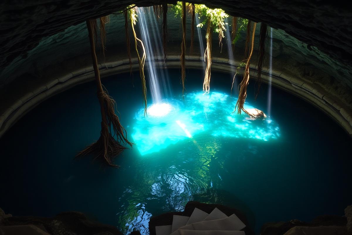 Empty deep circular open-air Cenote Ik Kil with sunlight streaming through vines at 10 AM before coach crowds on the Chichen Itza sunrise tour