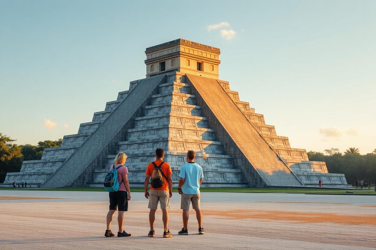 Small private group in near-empty plaza in front of El Castillo pyramid at 8 AM on the Chichen Itza early access tour