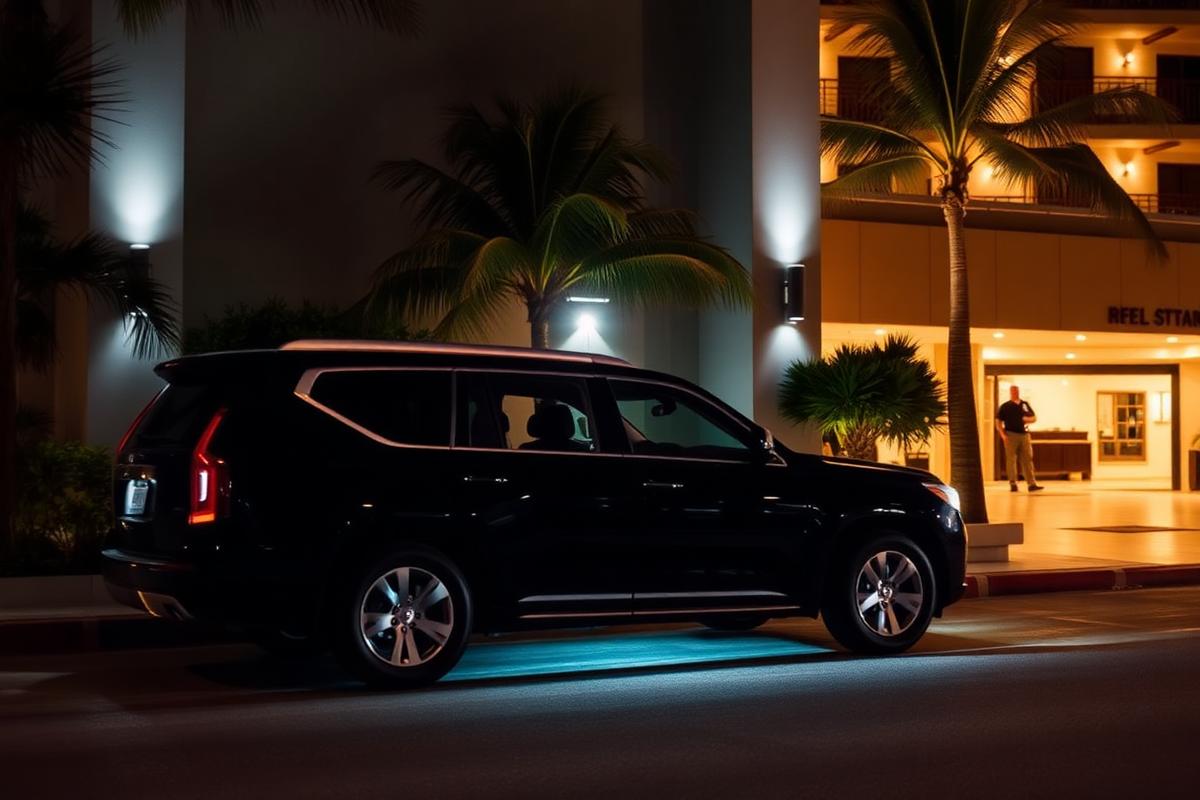Private black SUV waiting outside a Cancun hotel lobby in pre-dawn darkness for the Chichen Itza sunrise tour pickup