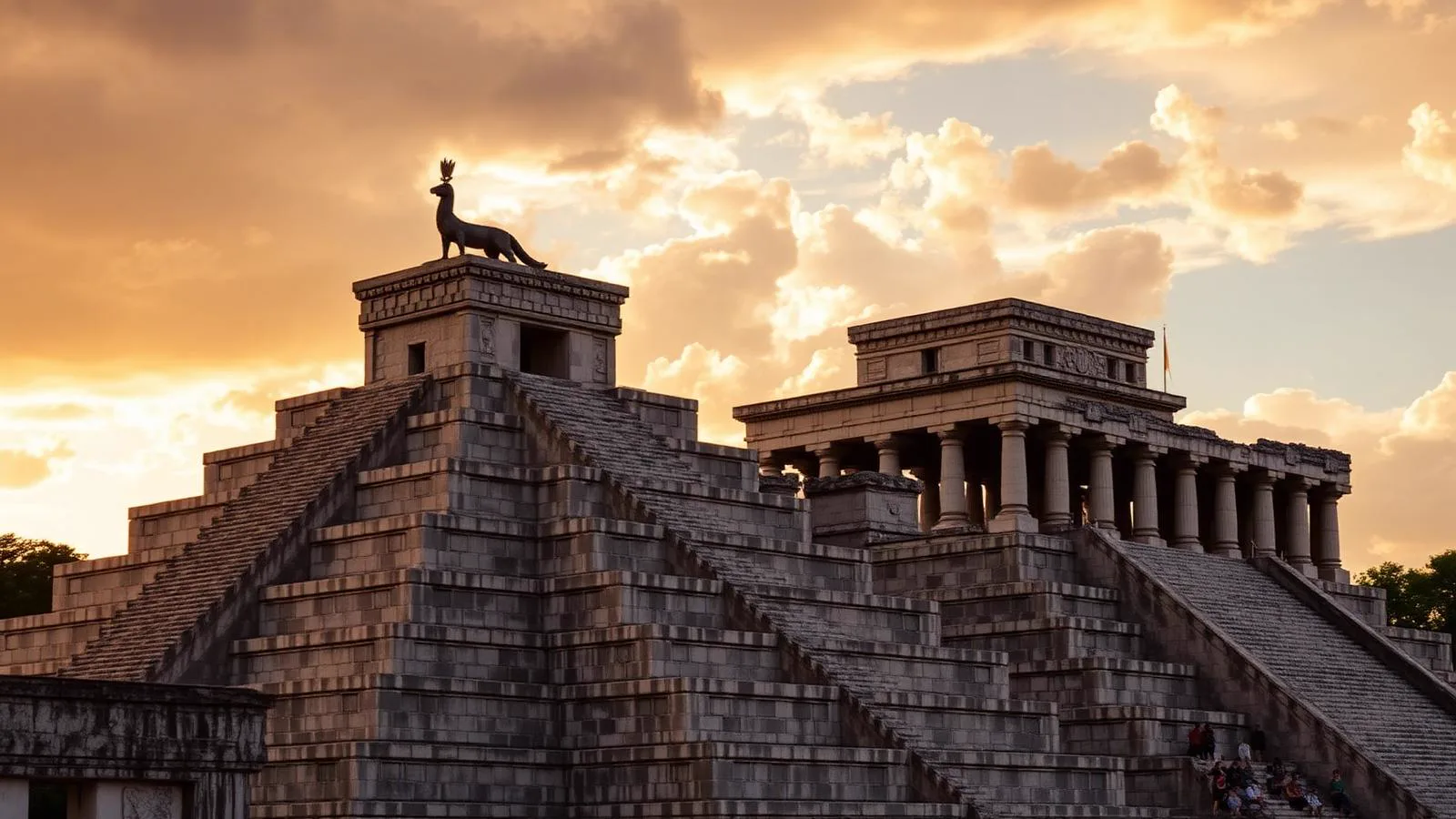 Temple of the Warriors at Chichén Itzå, four-tiered stepped pyramid with Chac Mool statue at the summit and the Group of a Thousand Columns extending alongside, golden hour light