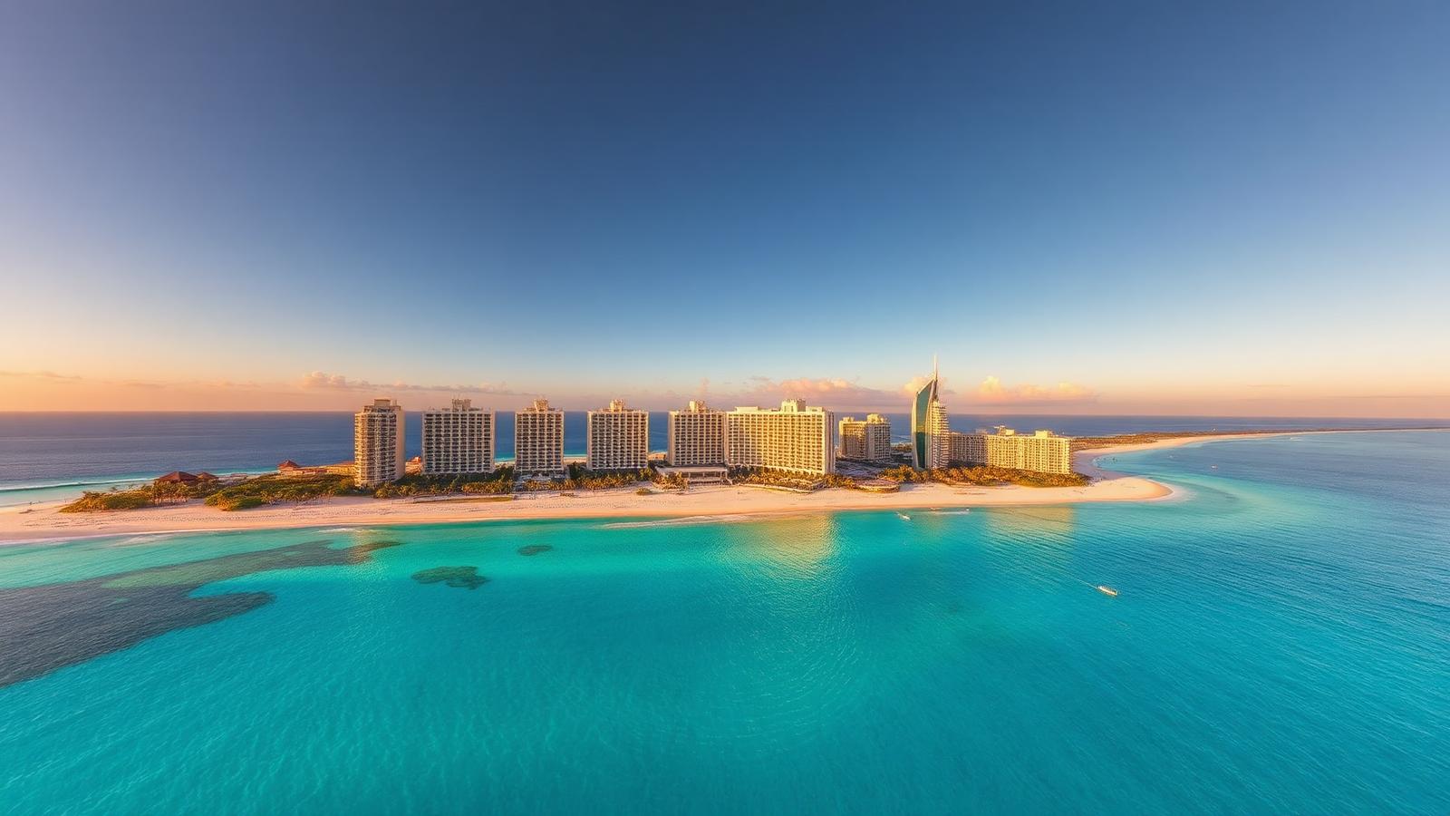 Aerial view of Cancún Hotel Zone at golden hour, turquoise Caribbean sea, curving white sand beach and iconic 7-shape strip of luxury resort towers