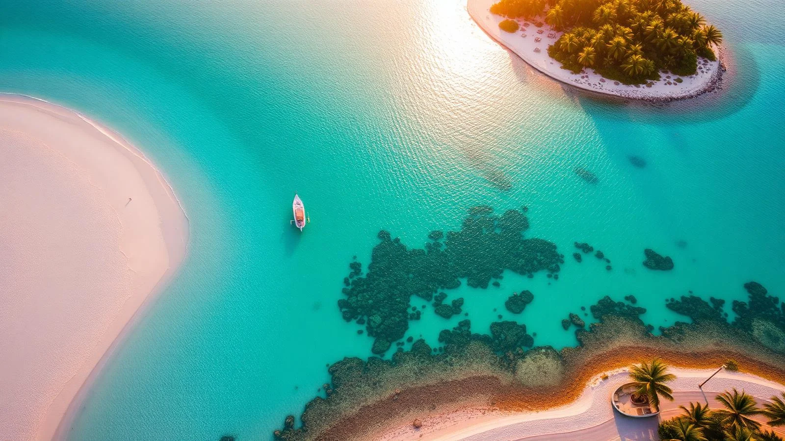 Aerial view of Cozumel Mexico with turquoise Caribbean water, coral reef, white sand beach and small boat in golden morning light