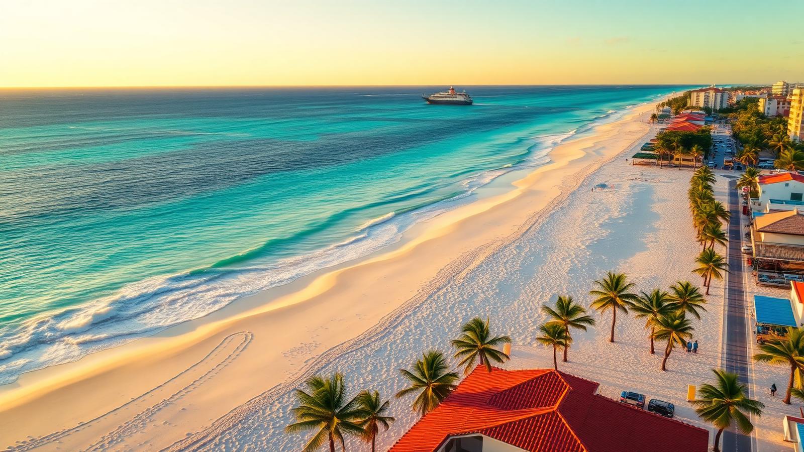 Aerial golden-hour view of Playa del Carmen Mexico Caribbean coast with turquoise water, white sand beach, palm trees, Quinta Avenida terracotta rooftops and Cozumel ferry in the distance