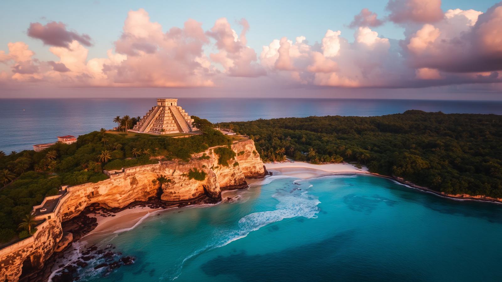 Aerial view of Tulum Mayan ruins at golden hour with El Castillo pyramid on Caribbean cliff overlooking turquoise water and white sand beach with palms below
