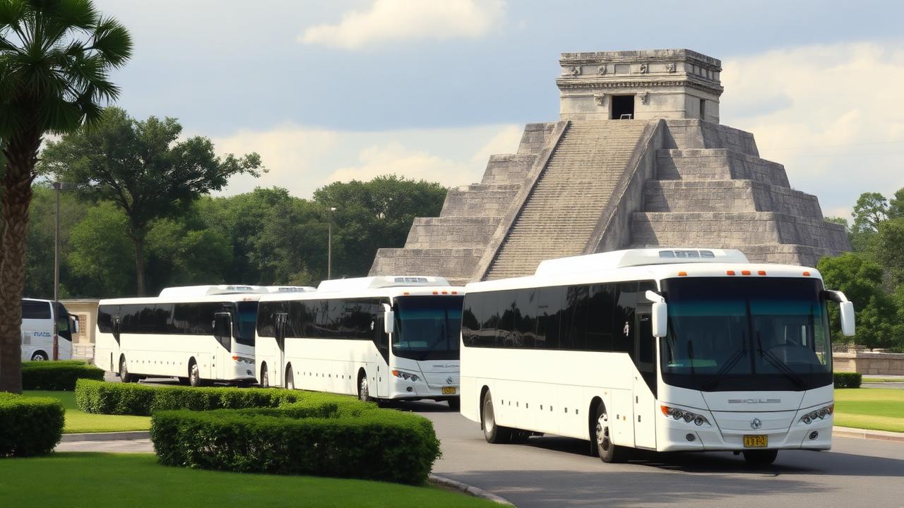 Tour buses arriving at Chichen Itza during late morning