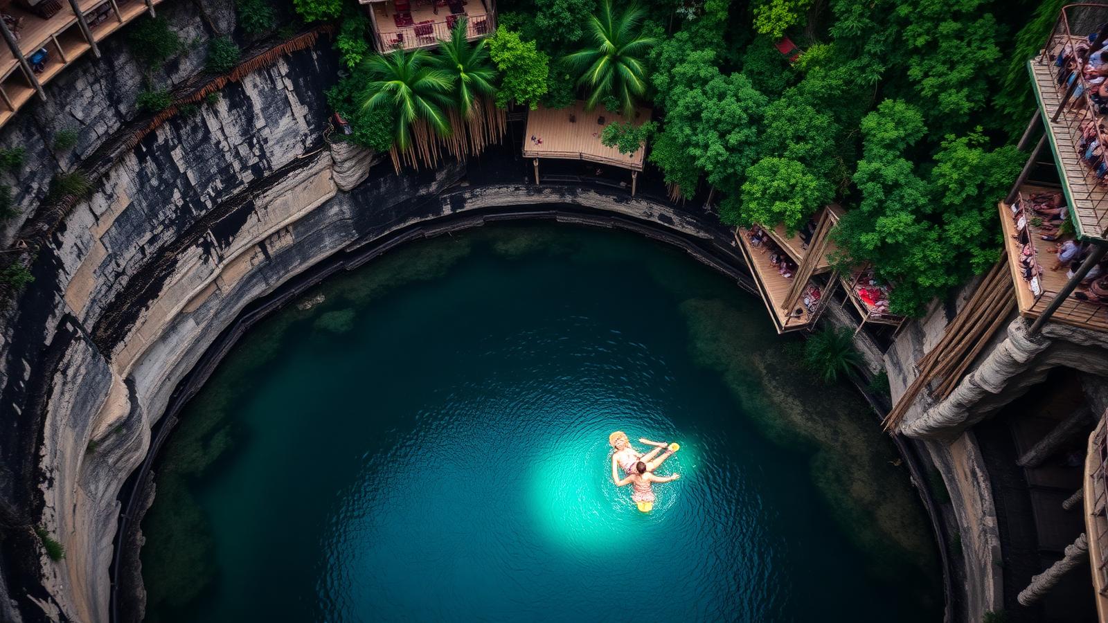 Aerial golden-hour view of a Tulum cenote, circular limestone sinkhole with turquoise crystal-clear freshwater below vertical rock walls, hanging stalactites and green tropical jungle canopy around the rim