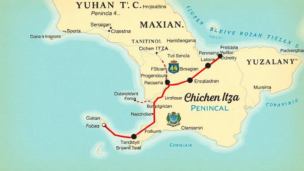 Map Yucatan peninsula Tulum to Chichen Itza 150 km via Coba