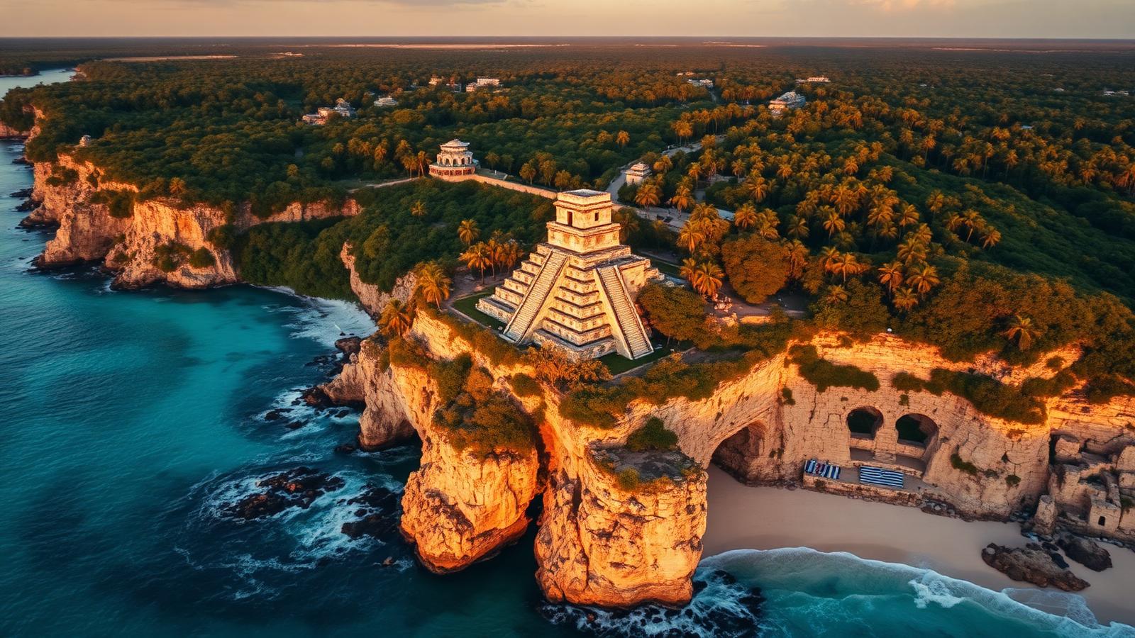 Aerial view of the Tulum Mayan ruins archaeological site at golden hour, El Castillo temple pyramid on limestone cliff above turquoise Caribbean Sea with walled ancient Maya city of Zamá and jungle of Parque del Jaguar in background