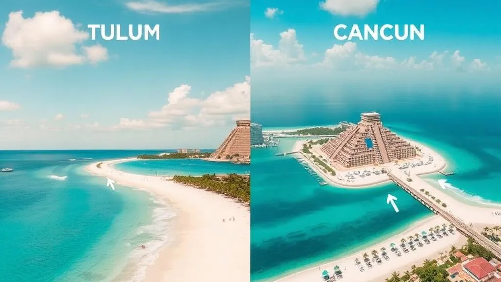 Comparison Tulum and Cancun beaches with distance arrows to Chichen Itza
