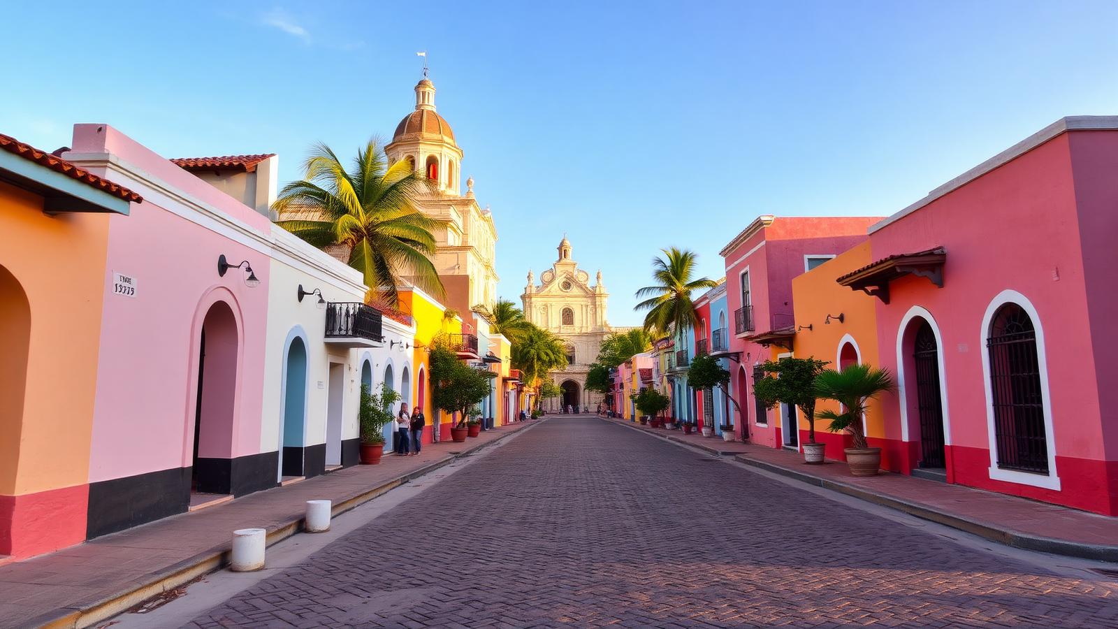 Calzada de los Frailes cobblestone street Valladolid Yucatán Mexico with pastel colonial buildings and Convento de San Bernardino