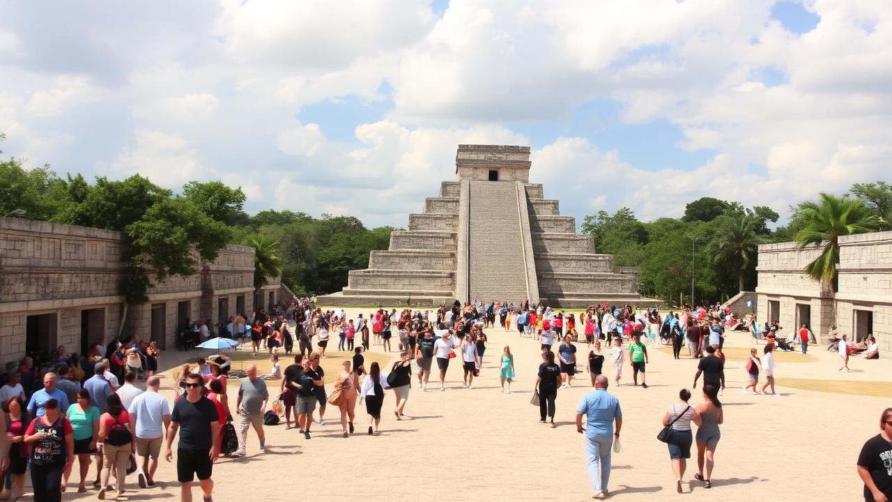 Visitors walking through the central plaza at Chichen Itza during busy hours