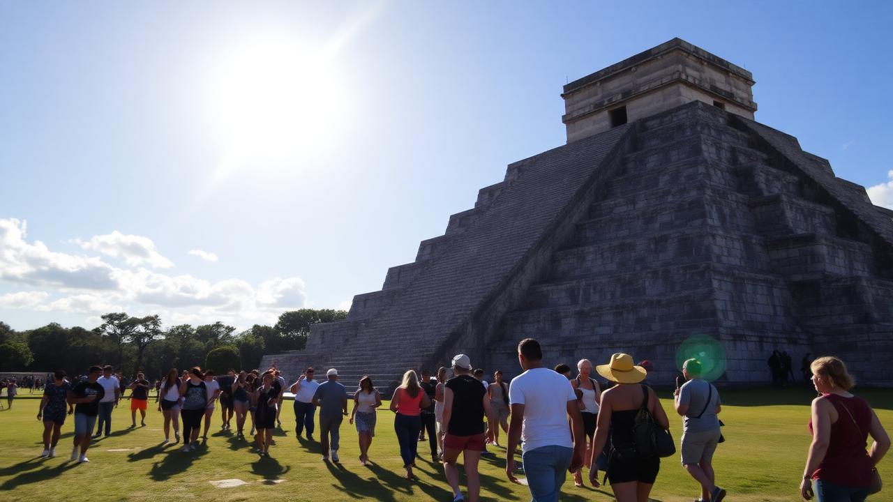 Visitantes caminando por Chichén Itzá durante el calor del mediodía