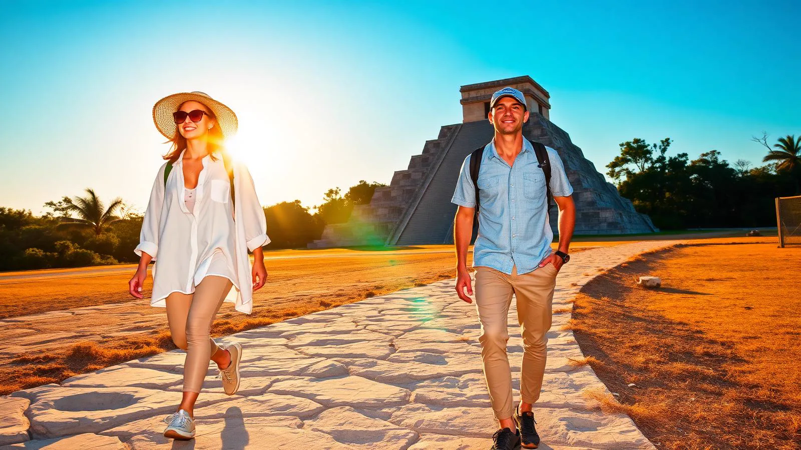Two travelers dressed in light long-sleeve shirts, breathable pants, wide-brim sun hat and closed-toe walking shoes on the limestone path in front of the Kukulcán pyramid at Chichén Itzá in warm afternoon light, what to wear at Chichén Itzá 2026