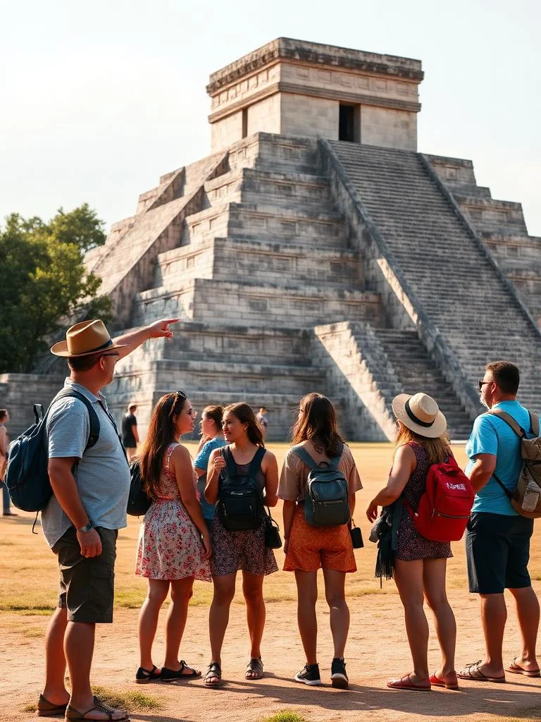 Guía maya certificado de Itza Quest explicando El Castillo a un pequeño grupo familiar privado en Chichen Itza sin multitudes