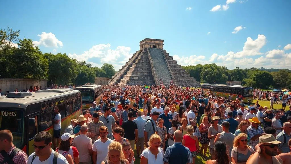 Massive crowds at Chichen Itza midday tour buses overcrowded site